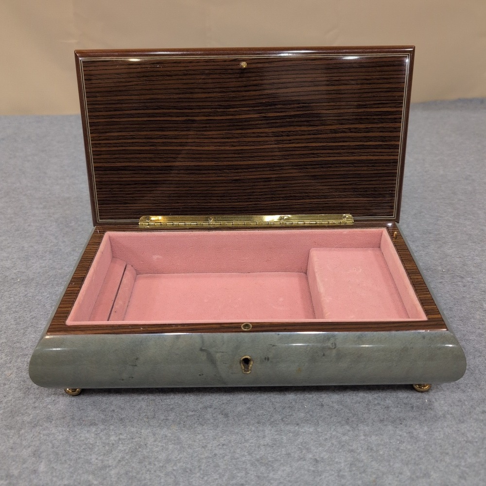 Vintage Reuge Music Box Floral Wood Inlay Green Marbled Swiss Mvmnt Jewelry Box - Picture 3 of 12